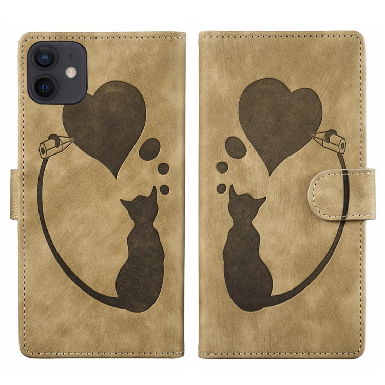 Pen Heart Cat Embossed Leather Phone Case, For iPhone 12 mini, For iPhone 11 Pro Max, For iPhone 11, For iPhone 11 Pro