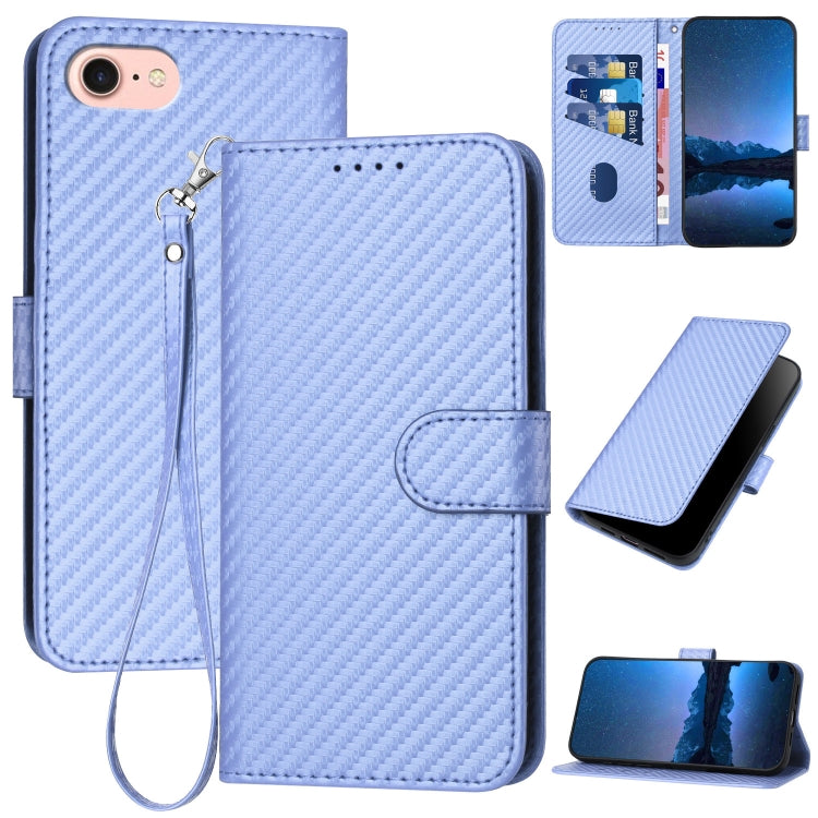 YX0070 Carbon Fiber Buckle Leather Phone Case with Lanyard, For iPhone 14 Pro, For iPhone 14 Pro Max, For iPhone SE 2022 / SE 2020 / 8 / 7