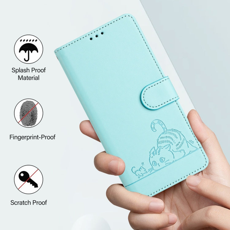 Cat Rat Embossed Pattern RFID Leather Phone Case with Lanyard, For iPhone 15, For iPhone 14 Plus, For iPhone 14/13, For iPhone 14 Pro