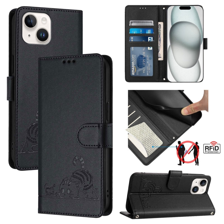 Cat Rat Embossed Pattern RFID Leather Phone Case with Lanyard, For iPhone 15, For iPhone 14 Plus, For iPhone 14/13, For iPhone 14 Pro