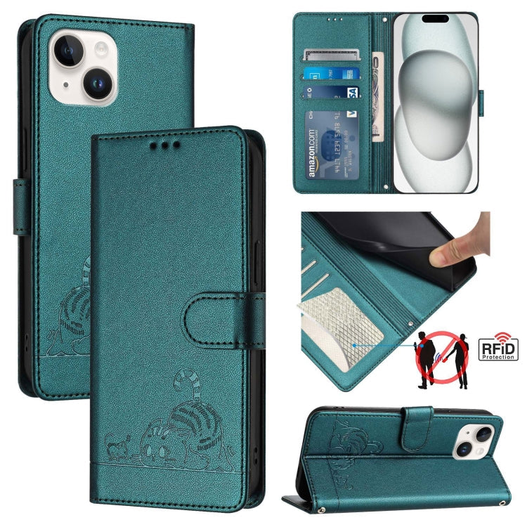 Cat Rat Embossed Pattern RFID Leather Phone Case with Lanyard, For iPhone 15, For iPhone 14 Plus, For iPhone 14/13, For iPhone 14 Pro