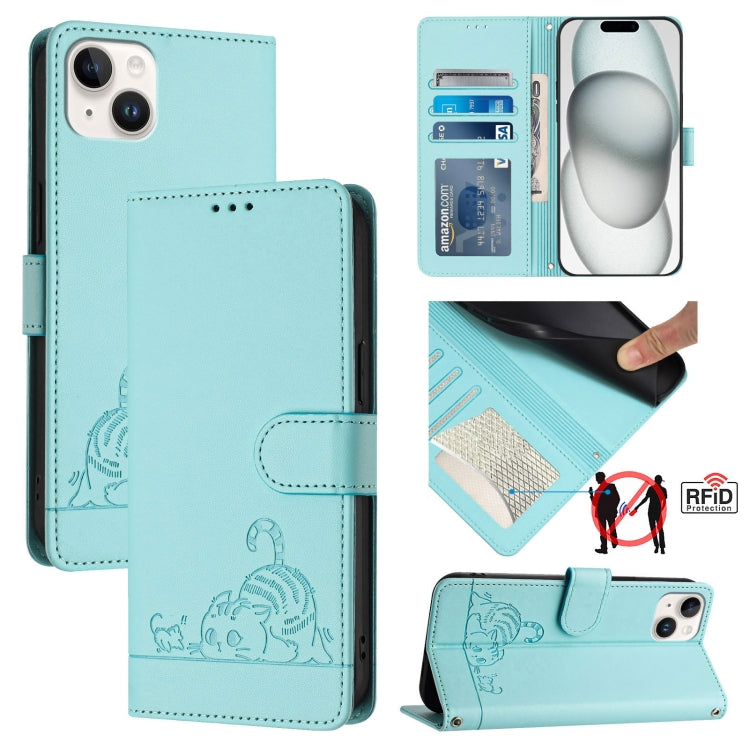 Cat Rat Embossed Pattern RFID Leather Phone Case with Lanyard, For iPhone 15, For iPhone 14 Plus, For iPhone 14/13, For iPhone 14 Pro