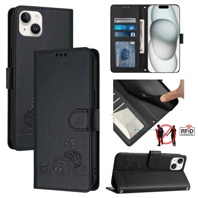 Cat Rat Embossed Pattern RFID Leather Phone Case with Lanyard, For iPhone 15, For iPhone 14 Plus, For iPhone 14/13, For iPhone 14 Pro