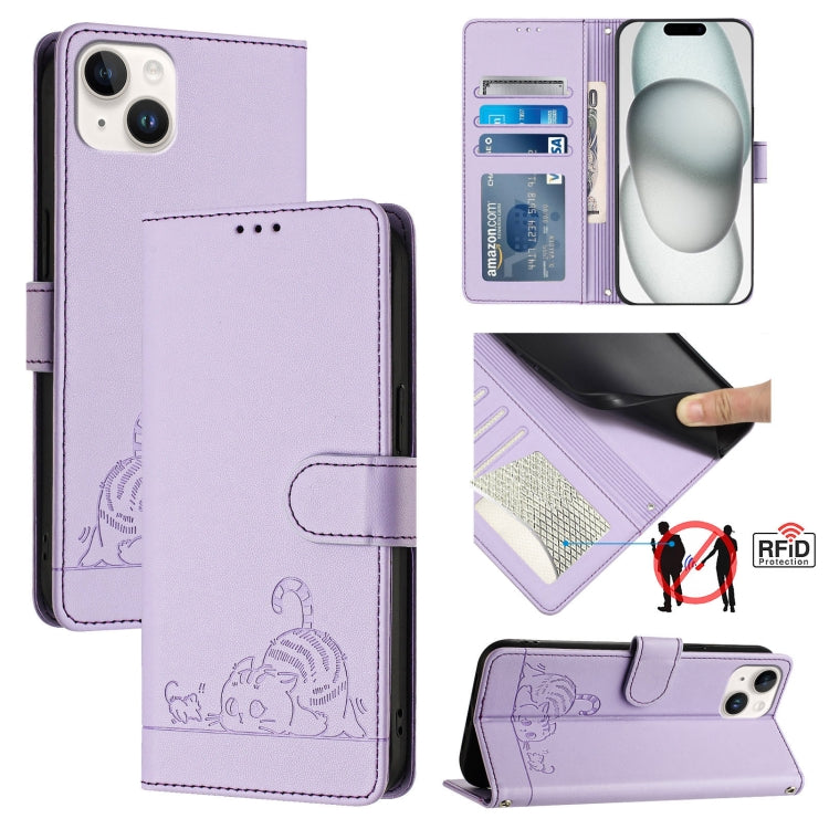 Cat Rat Embossed Pattern RFID Leather Phone Case with Lanyard, For iPhone 15, For iPhone 14 Plus, For iPhone 14/13, For iPhone 14 Pro