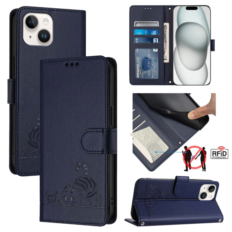 Cat Rat Embossed Pattern RFID Leather Phone Case with Lanyard, For iPhone 15, For iPhone 14 Plus, For iPhone 14/13, For iPhone 14 Pro
