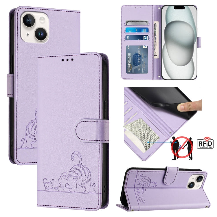 Cat Rat Embossed Pattern RFID Leather Phone Case with Lanyard, For iPhone 15, For iPhone 14 Plus, For iPhone 14/13, For iPhone 14 Pro
