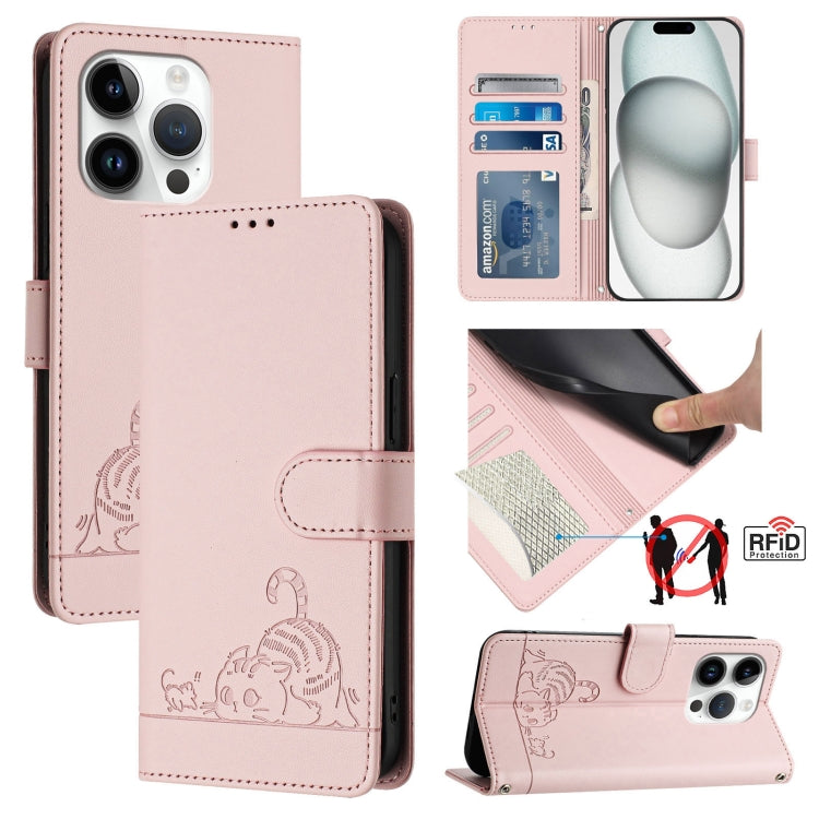 Cat Rat Embossed Pattern RFID Leather Phone Case with Lanyard, For iPhone 15, For iPhone 14 Plus, For iPhone 14/13, For iPhone 14 Pro