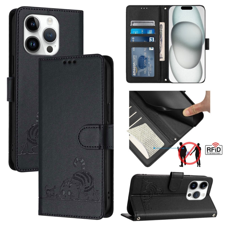 Cat Rat Embossed Pattern RFID Leather Phone Case with Lanyard, For iPhone 15, For iPhone 14 Plus, For iPhone 14/13, For iPhone 14 Pro