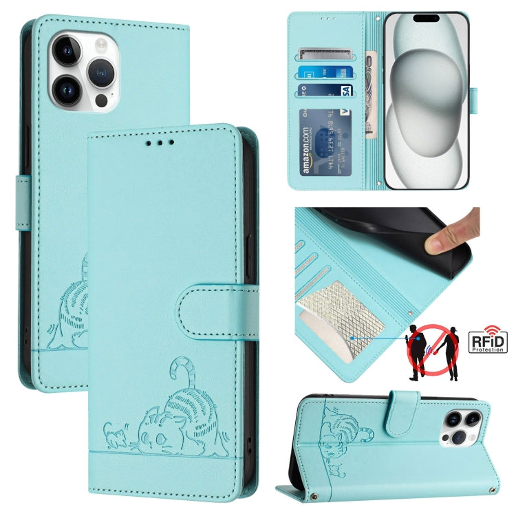 Cat Rat Embossed Pattern RFID Leather Phone Case with Lanyard, For iPhone 14 Pro Max, For iPhone SE 2022/SE 2020/6/7/8, For iPhone 13 Pro Max, For iPhone 13 Pro