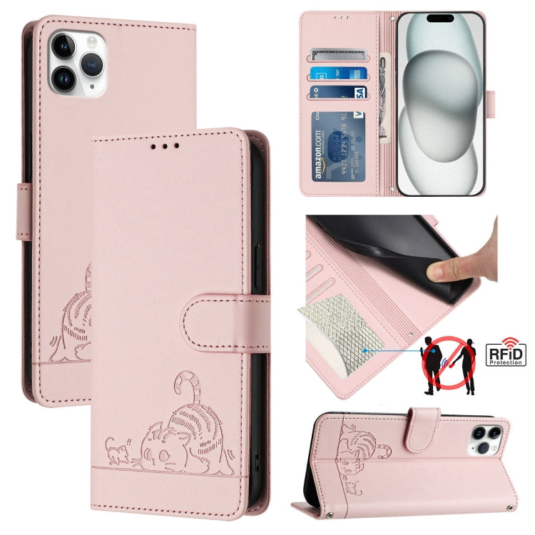 Cat Rat Embossed Pattern RFID Leather Phone Case with Lanyard, For iPhone 11 Pro Max, For iPhone 11, For iPhone 11 Pro, For iPhone XS / X