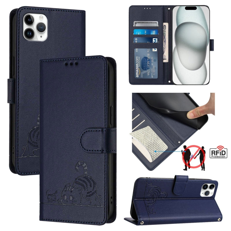 Cat Rat Embossed Pattern RFID Leather Phone Case with Lanyard, For iPhone 11 Pro Max, For iPhone 11, For iPhone 11 Pro, For iPhone XS / X