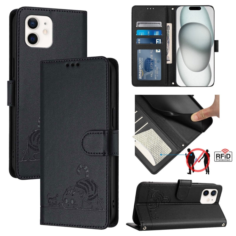 Cat Rat Embossed Pattern RFID Leather Phone Case with Lanyard, For iPhone 11 Pro Max, For iPhone 11, For iPhone 11 Pro, For iPhone XS / X