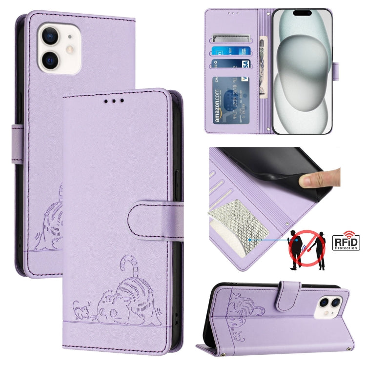 Cat Rat Embossed Pattern RFID Leather Phone Case with Lanyard, For iPhone 11 Pro Max, For iPhone 11, For iPhone 11 Pro, For iPhone XS / X