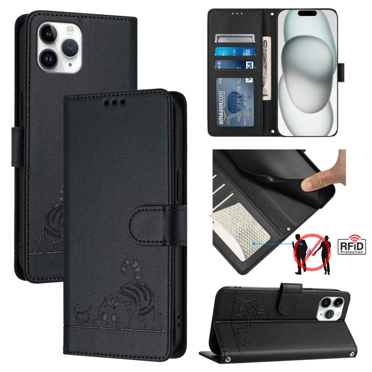 Cat Rat Embossed Pattern RFID Leather Phone Case with Lanyard, For iPhone 11 Pro Max, For iPhone 11, For iPhone 11 Pro, For iPhone XS / X