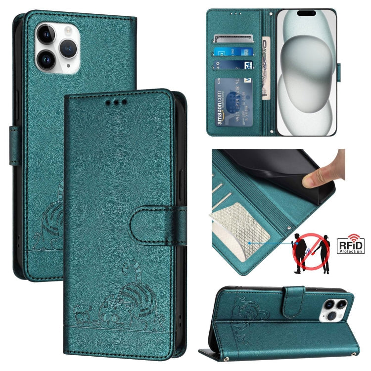 Cat Rat Embossed Pattern RFID Leather Phone Case with Lanyard, For iPhone 11 Pro Max, For iPhone 11, For iPhone 11 Pro, For iPhone XS / X