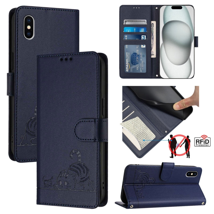 Cat Rat Embossed Pattern RFID Leather Phone Case with Lanyard, For iPhone 11 Pro Max, For iPhone 11, For iPhone 11 Pro, For iPhone XS / X