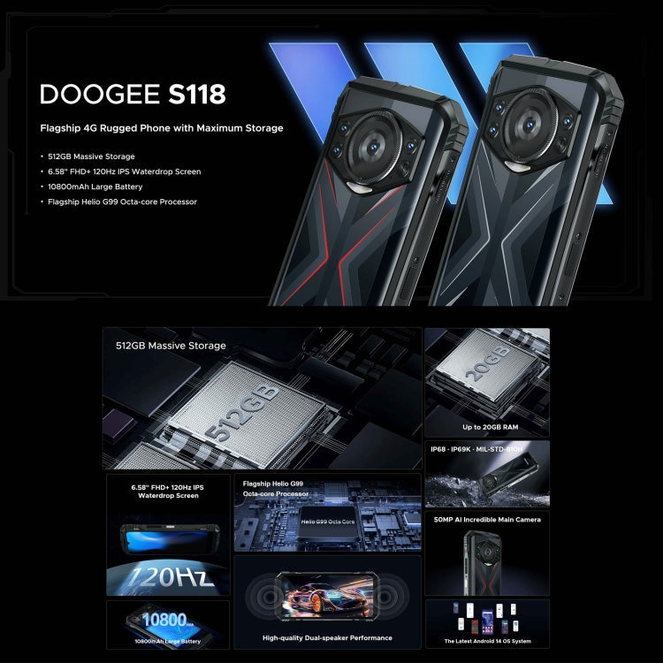 DOOGEE S118 Rugged Phone, 8GB+512GB, 6.58 inch Android 14 MediaTek Helio G99 Octa Core, Network: 4G, OTG, NFC(Black Red)