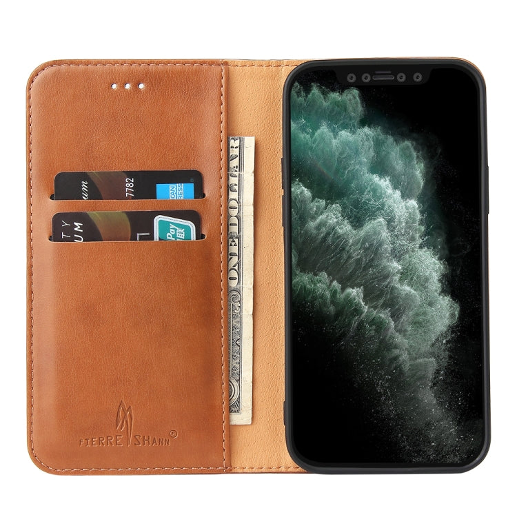 For iPhone 12 mini Fierre Shann PU Genuine Leather Texture Horizontal Flip Leather Case with Holder & Card Slots & Wallet(Brown)