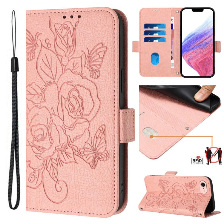 Embossed Rose RFID Anti-theft Leather Phone Case, For iPhone 14 Pro Max, For iPhone SE 2022 / SE 2020 / 8 / 7, For iPhone 13 Pro Max, For iPhone 13 Pro