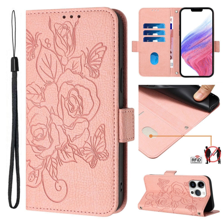 Embossed Rose RFID Anti-theft Leather Phone Case, For iPhone 15, For iPhone 14 Plus, For iPhone 14 / 13, For iPhone 14 Pro