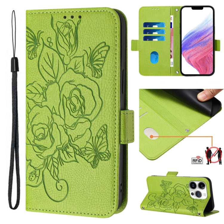Embossed Rose RFID Anti-theft Leather Phone Case, For iPhone 16, For iPhone 15 Pro Max, For iPhone 15 Pro, For iPhone 15 Plus