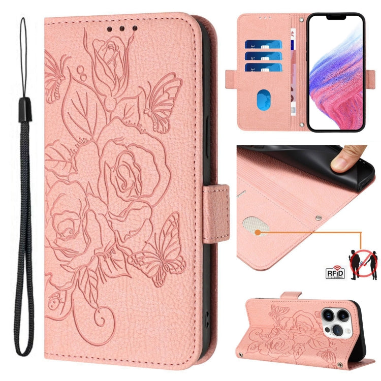 Embossed Rose RFID Anti-theft Leather Phone Case, For iPhone 16, For iPhone 15 Pro Max, For iPhone 15 Pro, For iPhone 15 Plus