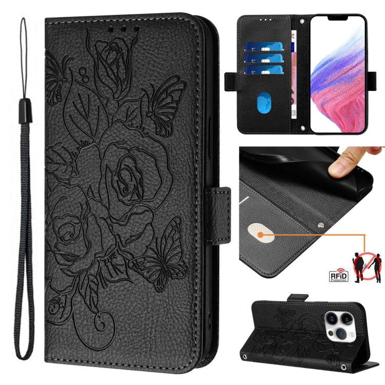 Embossed Rose RFID Anti-theft Leather Phone Case, For iPhone 16, For iPhone 15 Pro Max, For iPhone 15 Pro, For iPhone 15 Plus