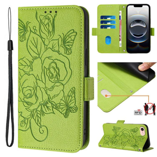 Embossed Rose RFID Anti-theft Leather Phone Case, For iPhone SE 2024, For iPhone 16 Pro Max, For iPhone 16 Pro, For iPhone 16 Plus