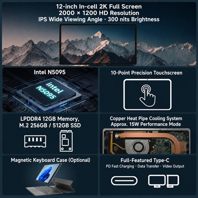 Jumper EZpad V12 Pro Tablet PC, No Keyboard, 12 inch Windows 11 Home OS Intel Alder Lake N95 Quad Core, 12GB+256GB, 12GB+512GB