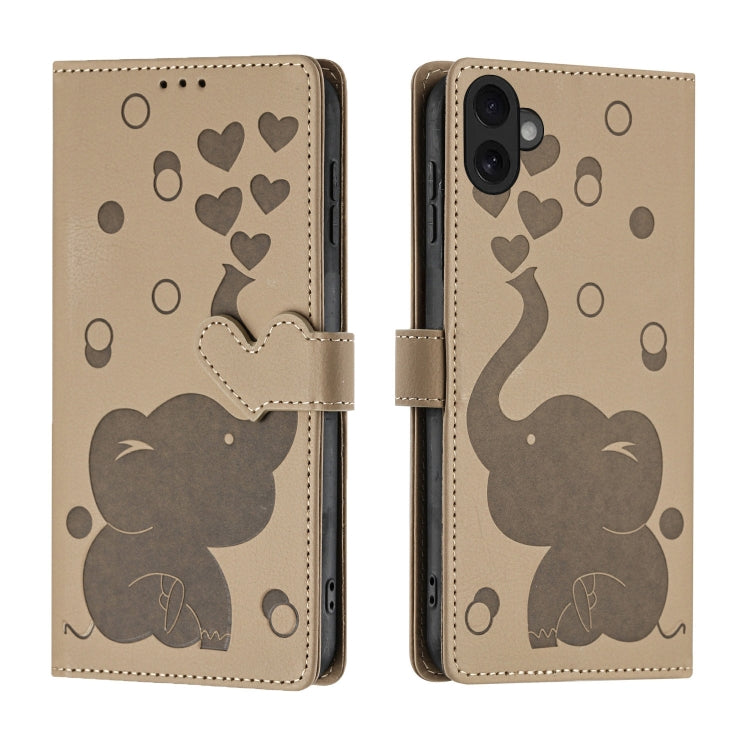 Cartoon Elephant Embossed Leather Phone Case, For iPhone 16 Pro Max, For iPhone 16 Pro, For iPhone 16 Plus, For iPhone 16