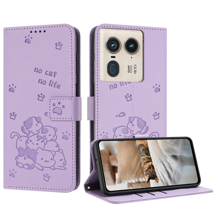 Embossed Kitten Phone Leather Case with Lanyard, For Motorola Moto G85, For Motorola Edge 2024 5G, For Motorola Edge 50 Ultra, For Motorola Edge 50 Pro