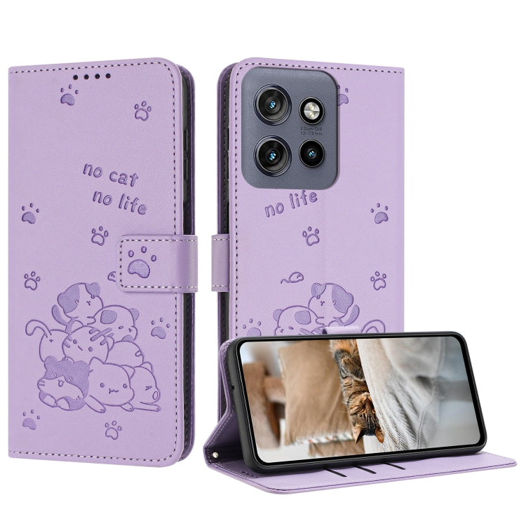 Embossed Kitten Phone Leather Case with Lanyard, For Motorola Moto S50 / Edge 50 Neo, For Motorola Moto G35, For Motorola Moto G55, For Motorola Moto G04 / G24 / G04s