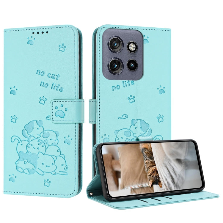 Embossed Kitten Phone Leather Case with Lanyard, For Motorola Moto S50 / Edge 50 Neo, For Motorola Moto G35, For Motorola Moto G55, For Motorola Moto G04 / G24 / G04s