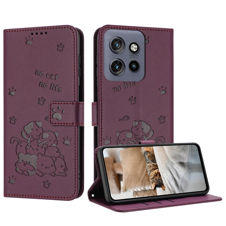 Embossed Kitten Phone Leather Case with Lanyard, For Motorola Moto S50 / Edge 50 Neo, For Motorola Moto G35, For Motorola Moto G55, For Motorola Moto G04 / G24 / G04s