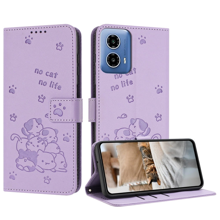 Embossed Kitten Phone Leather Case with Lanyard, For Motorola Edge 50 Fusion, For Motorola Moto G 5G 2024, For Motorola Moto G Stylus 5G 2024, For Motorola Moto G34