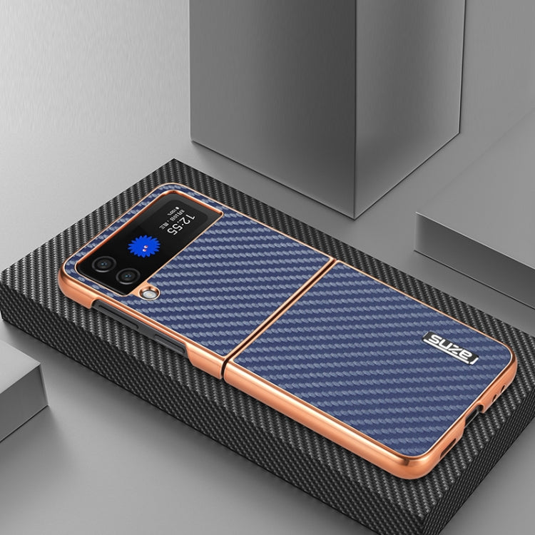 For Samsung Galaxy Z Flip4 5G AZNS Electroplated Edge Carbon Fiber Texture Phone Case(Blue)