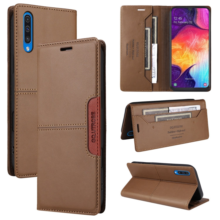 For Samsung Galaxy A50 GQUTROBE G01 RFID Anti-theft Leather Phone Case(Brown)