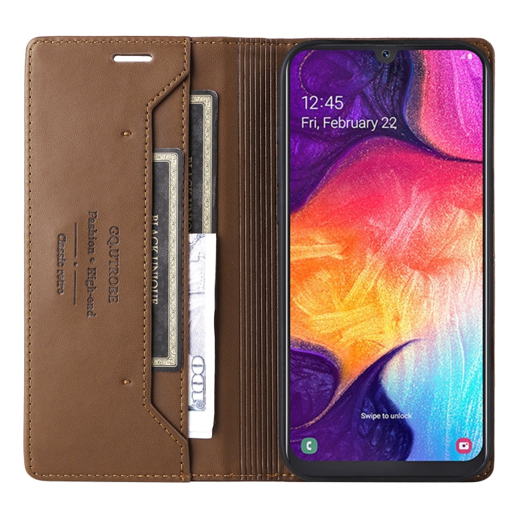 For Samsung Galaxy A50 GQUTROBE G01 RFID Anti-theft Leather Phone Case(Brown)