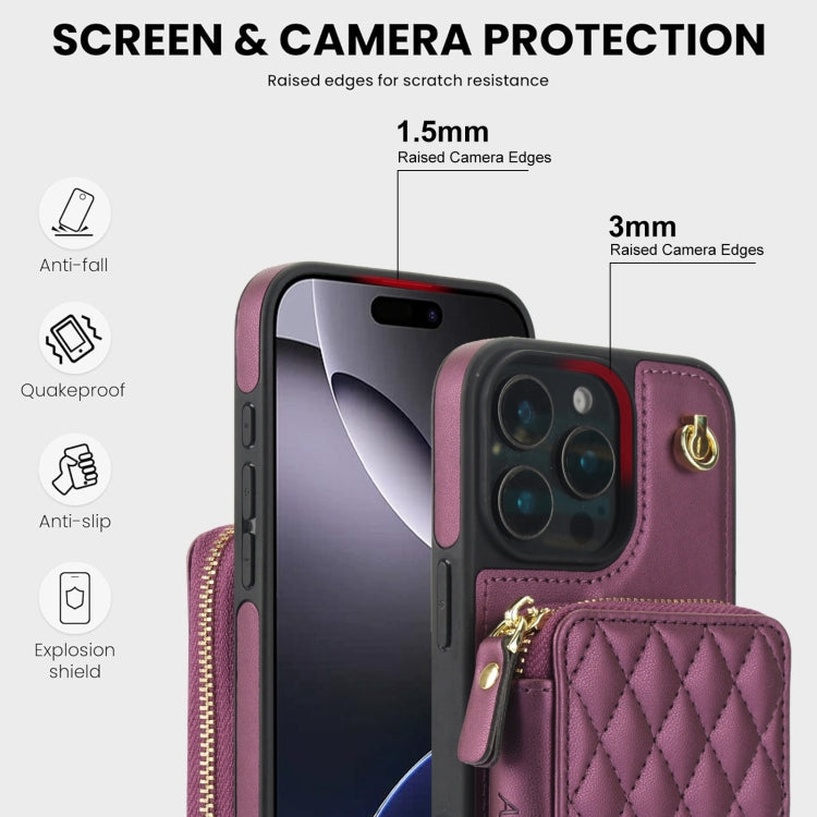 For iPhone 16 Pro Max AwQuer Crossbody Zipper Wallet Rhombic Leather Back Phone Case(Dark Purple)