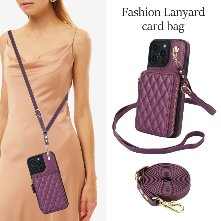 For iPhone 16 Pro Max AwQuer Crossbody Zipper Wallet Rhombic Leather Back Phone Case(Dark Purple)