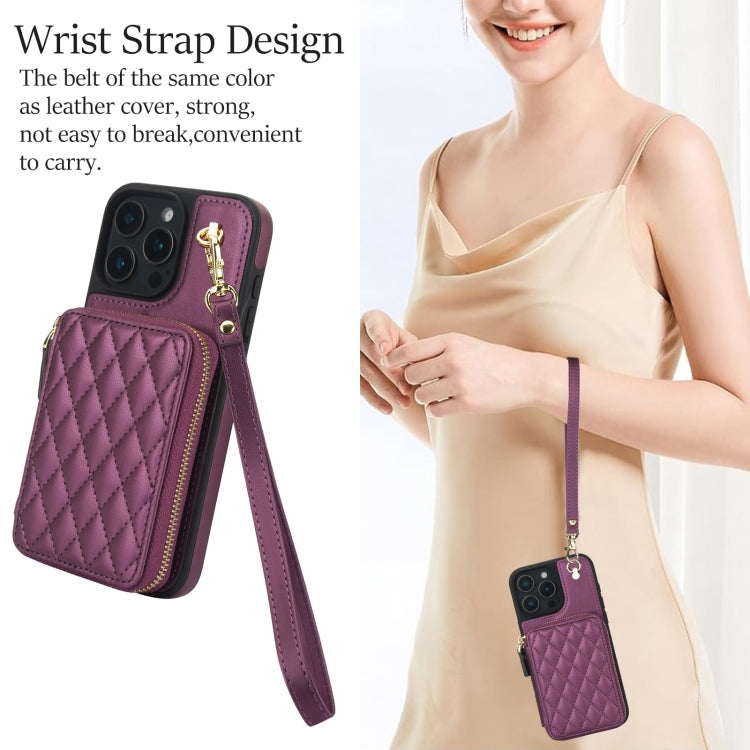 For iPhone 16 Pro Max AwQuer Crossbody Zipper Wallet Rhombic Leather Back Phone Case(Dark Purple)