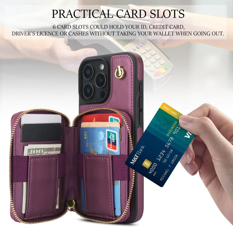 For iPhone 16 Pro Max AwQuer Crossbody Zipper Wallet Rhombic Leather Back Phone Case(Dark Purple)