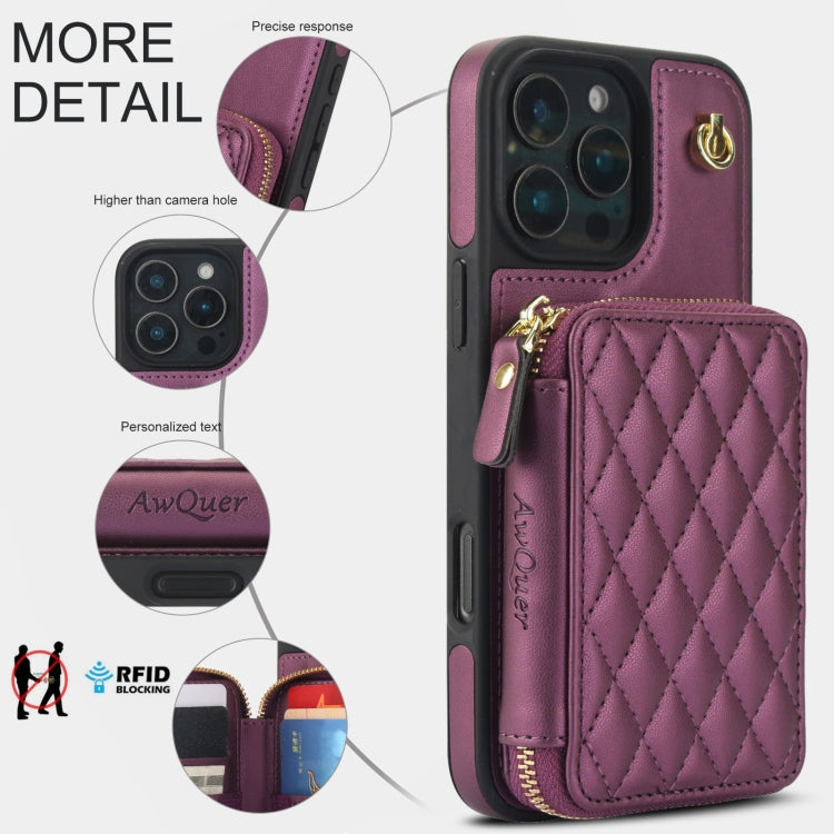 For iPhone 16 Pro Max AwQuer Crossbody Zipper Wallet Rhombic Leather Back Phone Case(Dark Purple)
