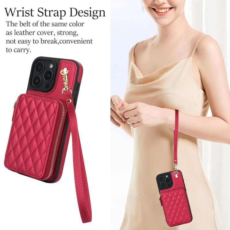 For iPhone 16 Pro AwQuer Crossbody Zipper Wallet Rhombic Leather Back Phone Case(Red)