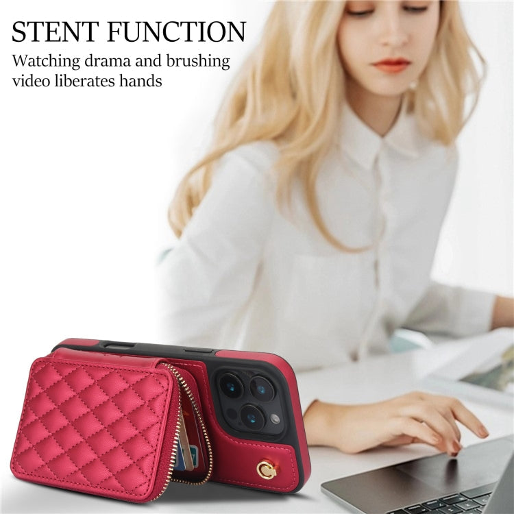 For iPhone 16 Pro AwQuer Crossbody Zipper Wallet Rhombic Leather Back Phone Case(Red)