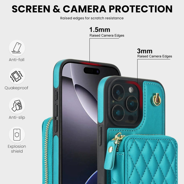 For iPhone 16 Pro AwQuer Crossbody Zipper Wallet Rhombic Leather Back Phone Case(Green)