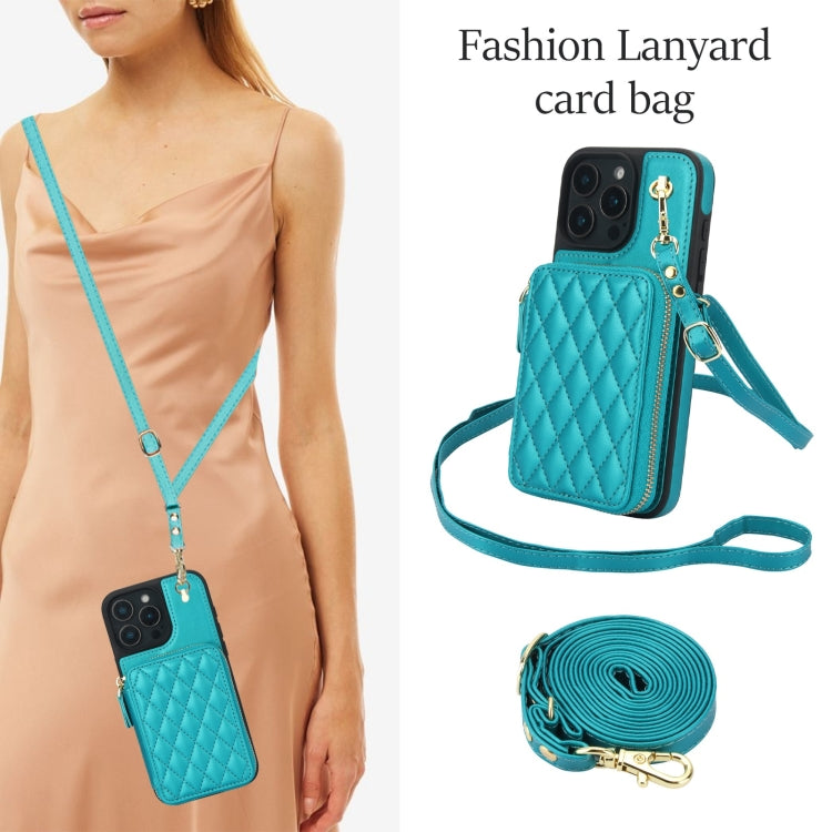 For iPhone 16 Pro AwQuer Crossbody Zipper Wallet Rhombic Leather Back Phone Case(Green)