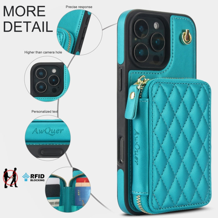 For iPhone 16 Pro AwQuer Crossbody Zipper Wallet Rhombic Leather Back Phone Case(Green)