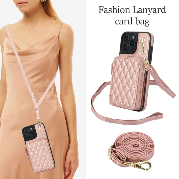For iPhone 16 Pro AwQuer Crossbody Zipper Wallet Rhombic Leather Back Phone Case(Rose Gold)