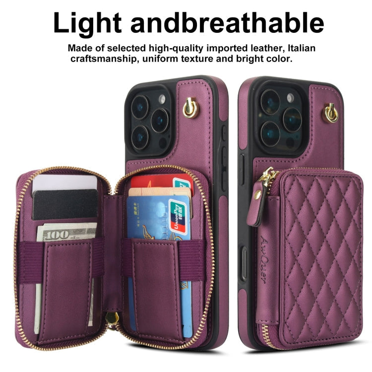 For iPhone 16 Pro AwQuer Crossbody Zipper Wallet Rhombic Leather Back Phone Case(Dark Purple)